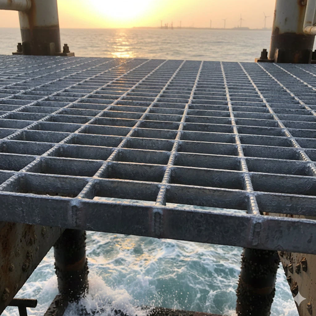 hot dip galvanized steel grating installed on coastal platform for corrosion resistance hot dip galvanized steel grating installed on coastal platform for corrosion resistance