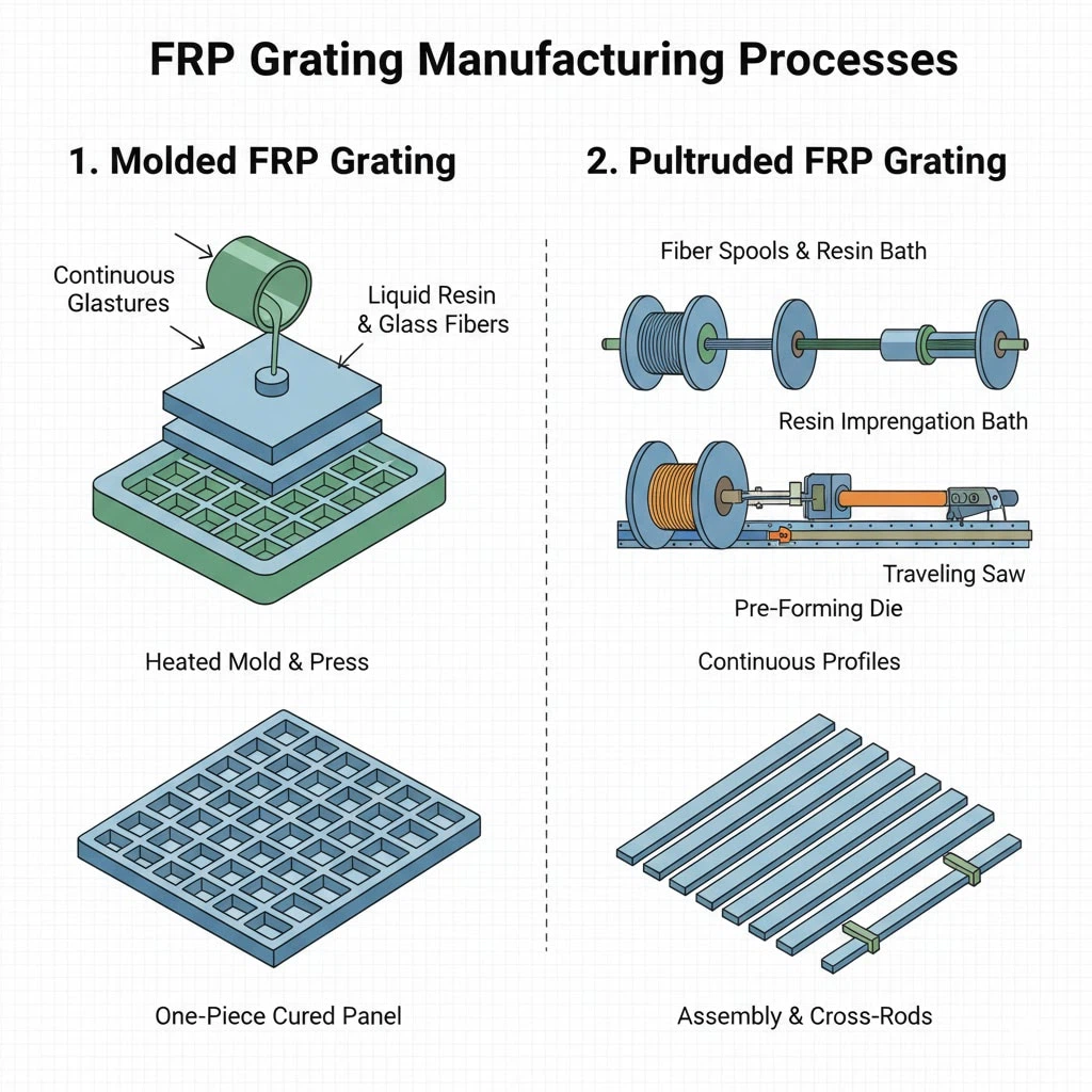 FRP Grating manufacturing process - molded and pultruded types FRP Grating manufacturing process - molded and pultruded types